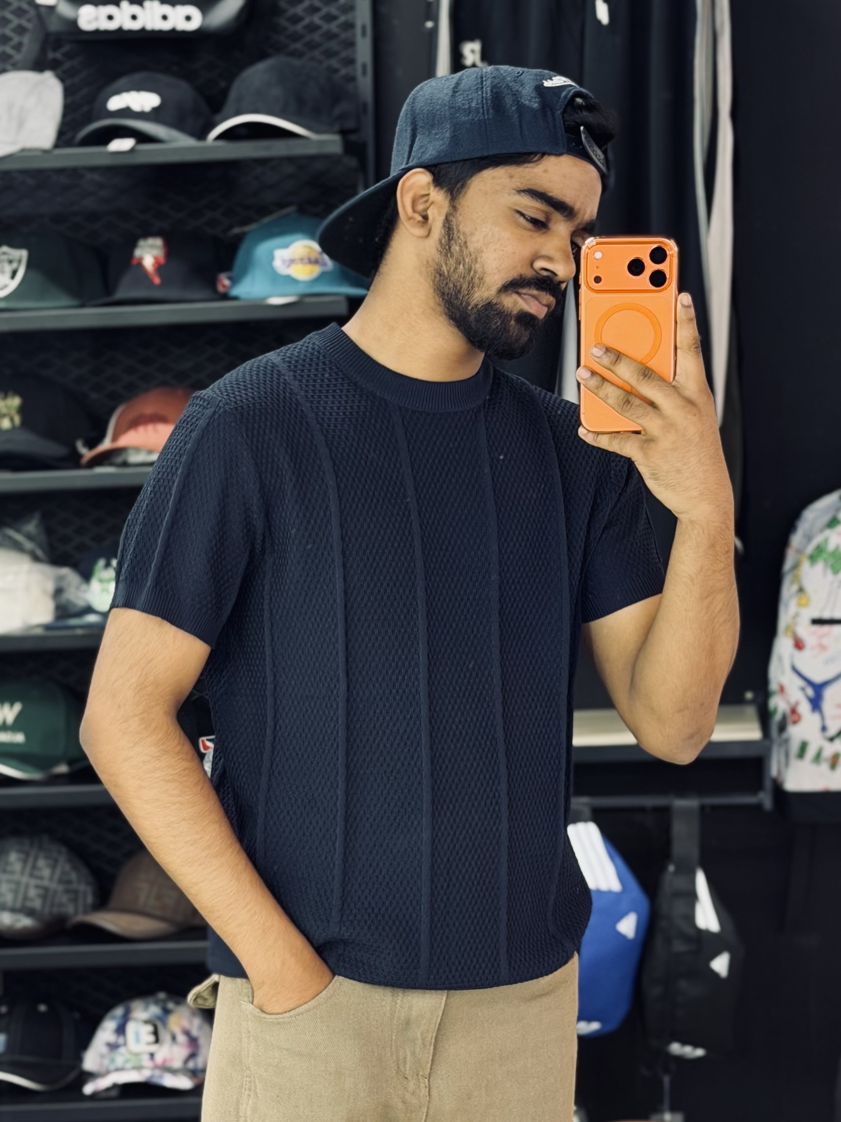 img_0011 Short-Sleeved Knit Crewneck T-Shirt (Navy Blue) - Image 1