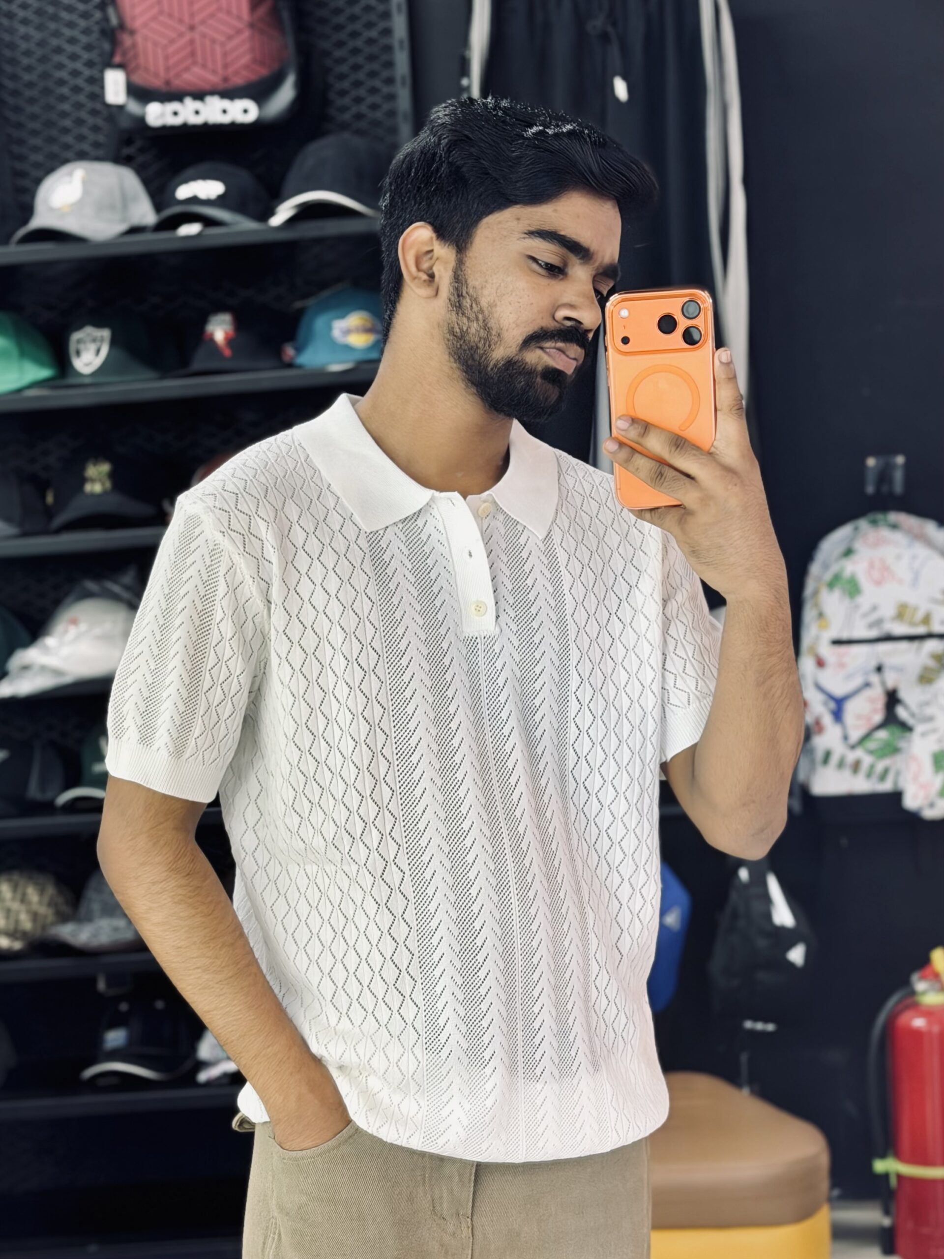img_0018 Short-Sleeved Knit Polo Shirt (White) - Image 1
