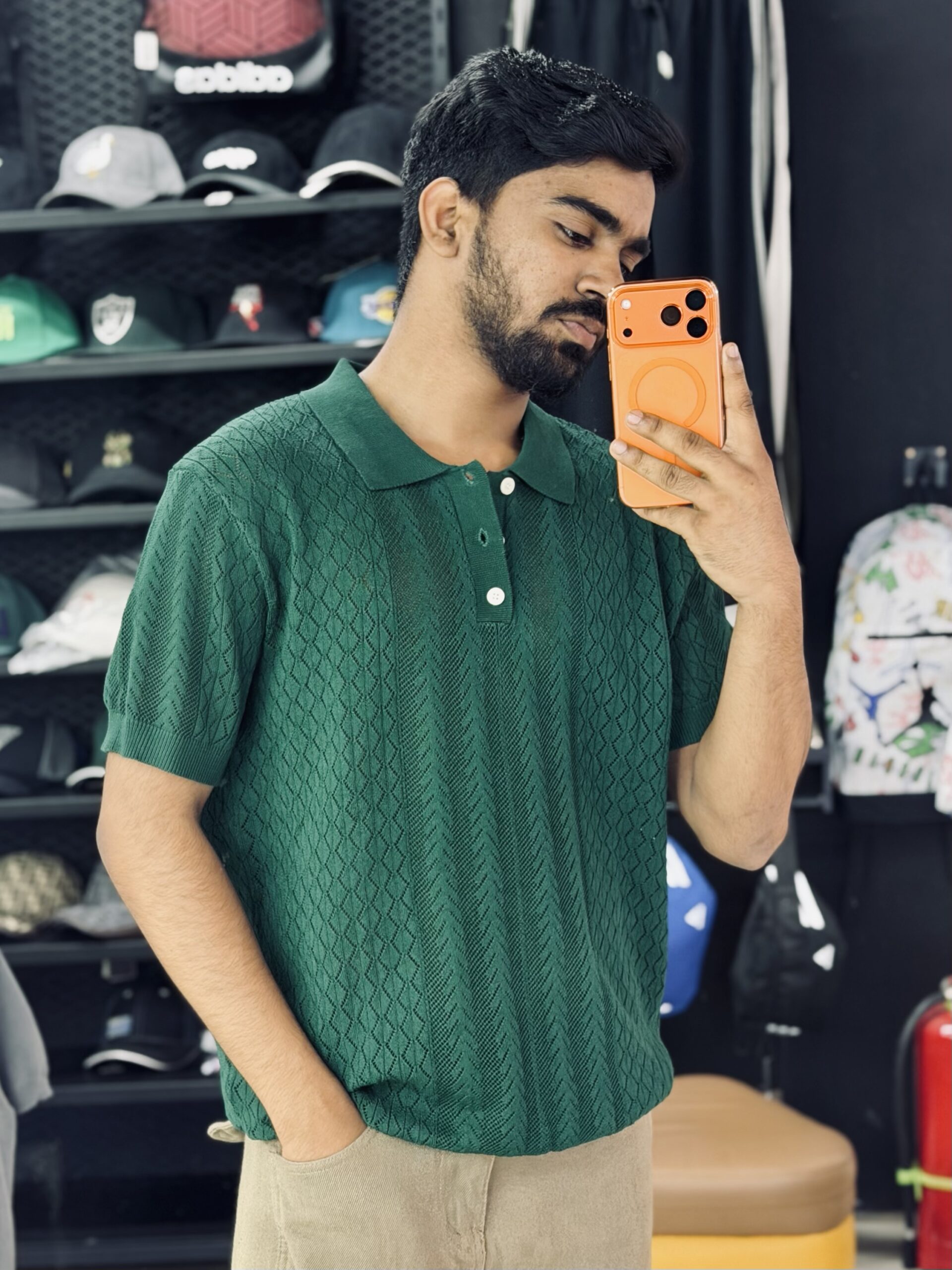 img_0021 Short-Sleeved Knit Polo Shirt (Green) - Image 1