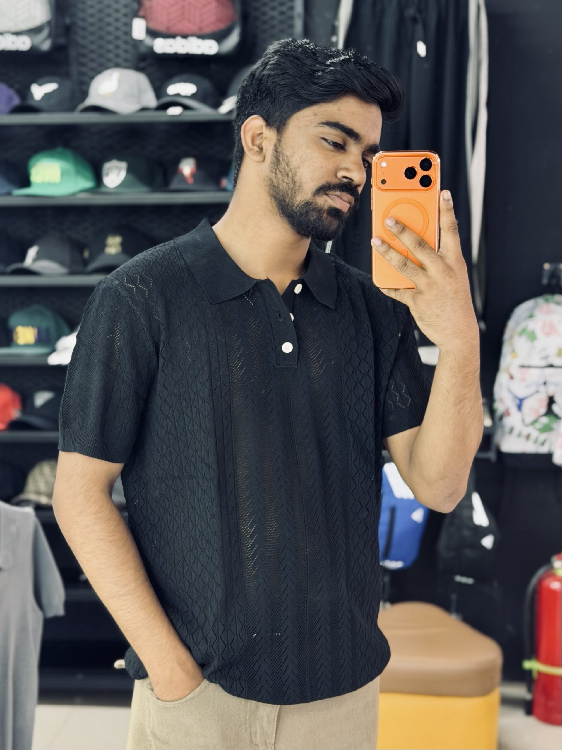 img_0023 Short-Sleeved Knit Polo Shirt (Black) - Image 1