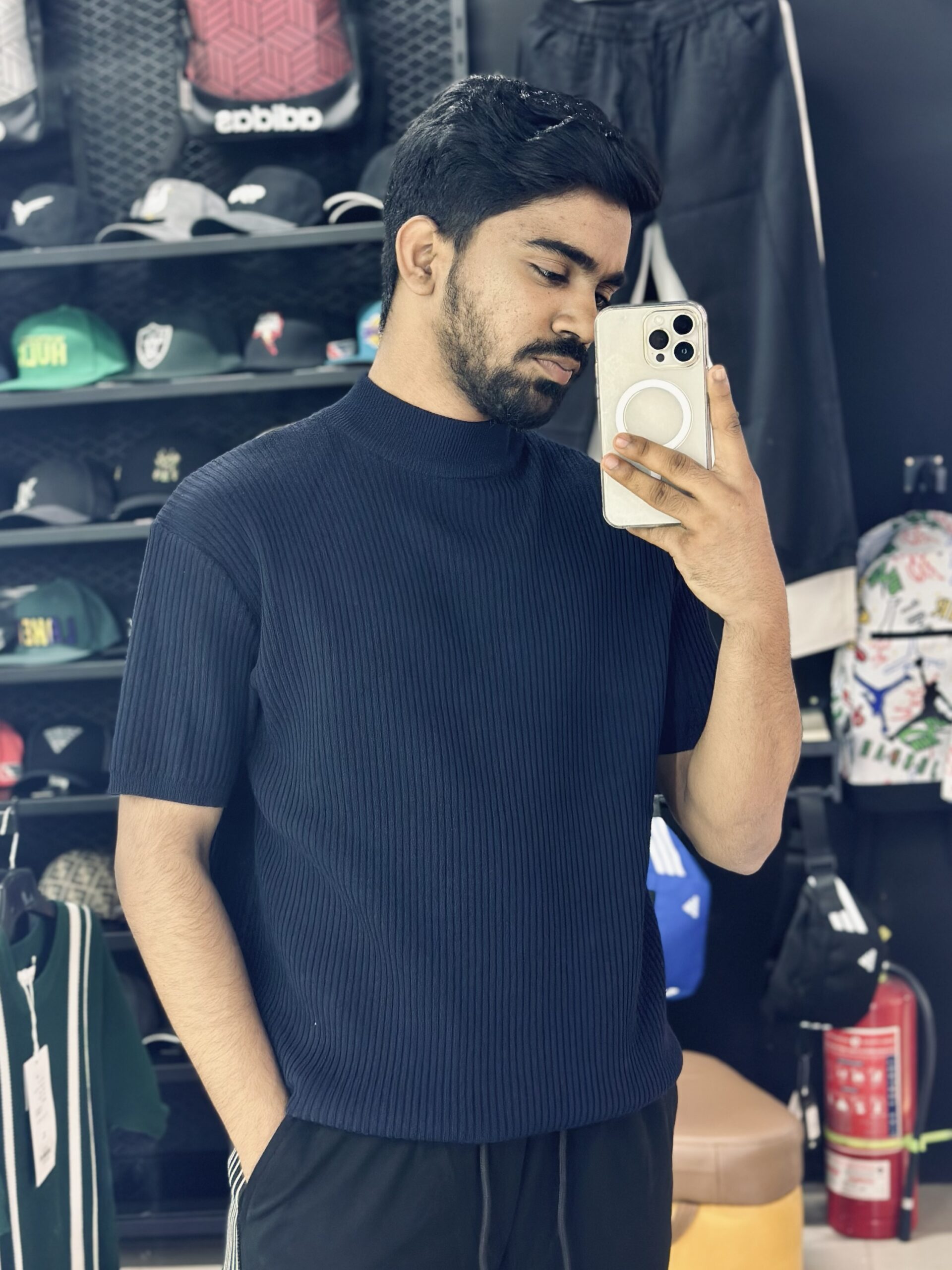img_4202 Short-Sleeved Mock Turtleneck T-Shirt (Blue) - Image 1