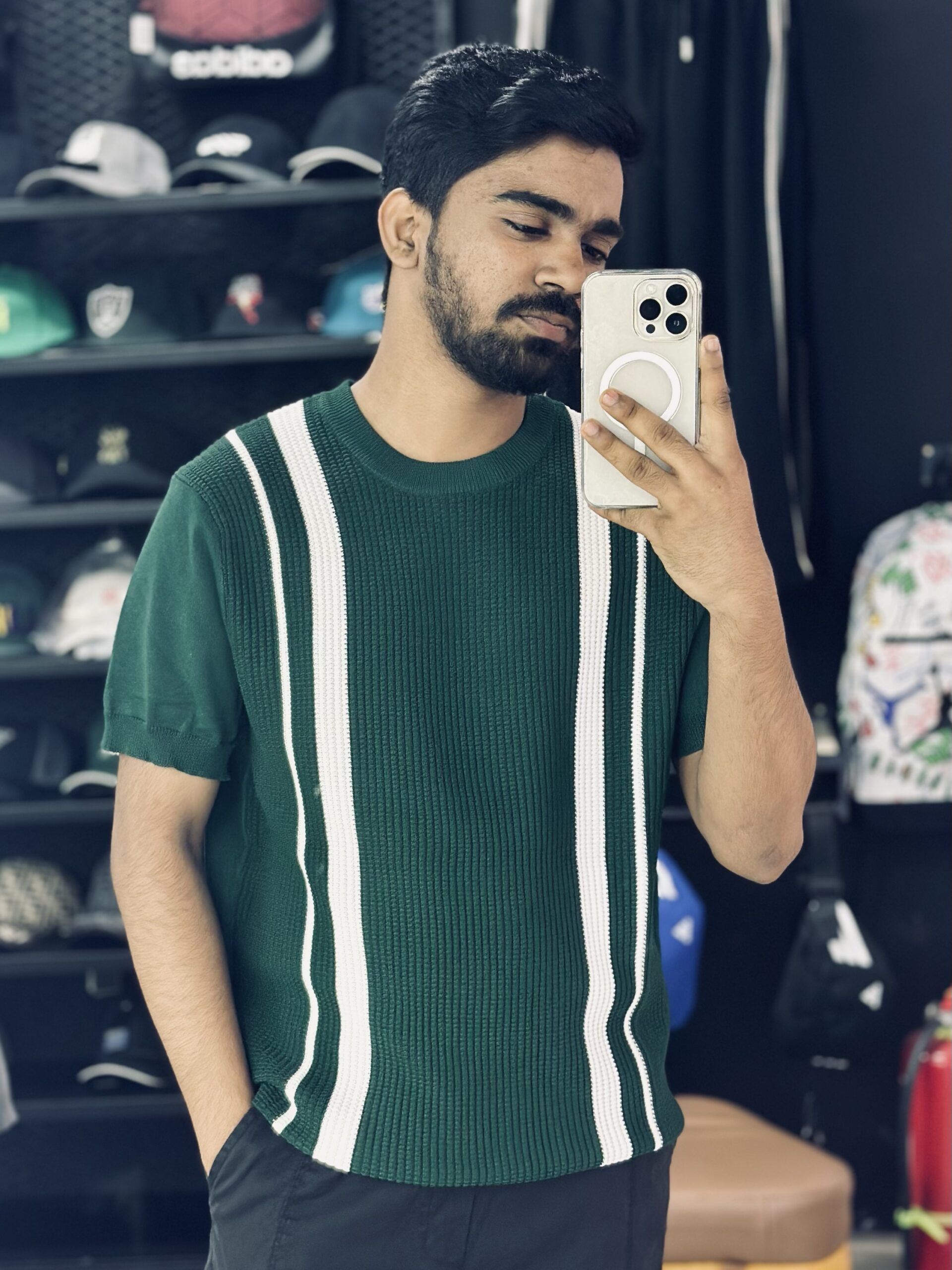 img_4264 Knitted Stripe T-shirt (Green) - Image 1